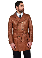 Men's Brown Genuine Leather Double-Breasted Trench Coat / Belted Mid-Length Jacket