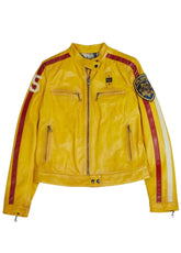Women’s Yellow Racer Leather Jacket with Red Stripes – Genuine Leather by The Western Jacket