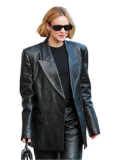 Women’s Genuine Leather Long Coat – Black Double-Breasted Blazer by The Western Jacket