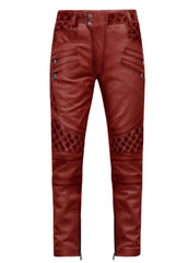 Men’s Quilted Biker Leather Pants – Genuine Lambskin – Maroon by The Western Jacket Company