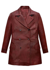 Women’s Genuine Leather Long Coat – Burgundy Classic Double-Breasted Trench | The Western Jacket