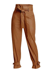 Women’s Tan High-Waist Genuine Leather Pants with Belted Tie & Ankle Straps – The Western Jacket