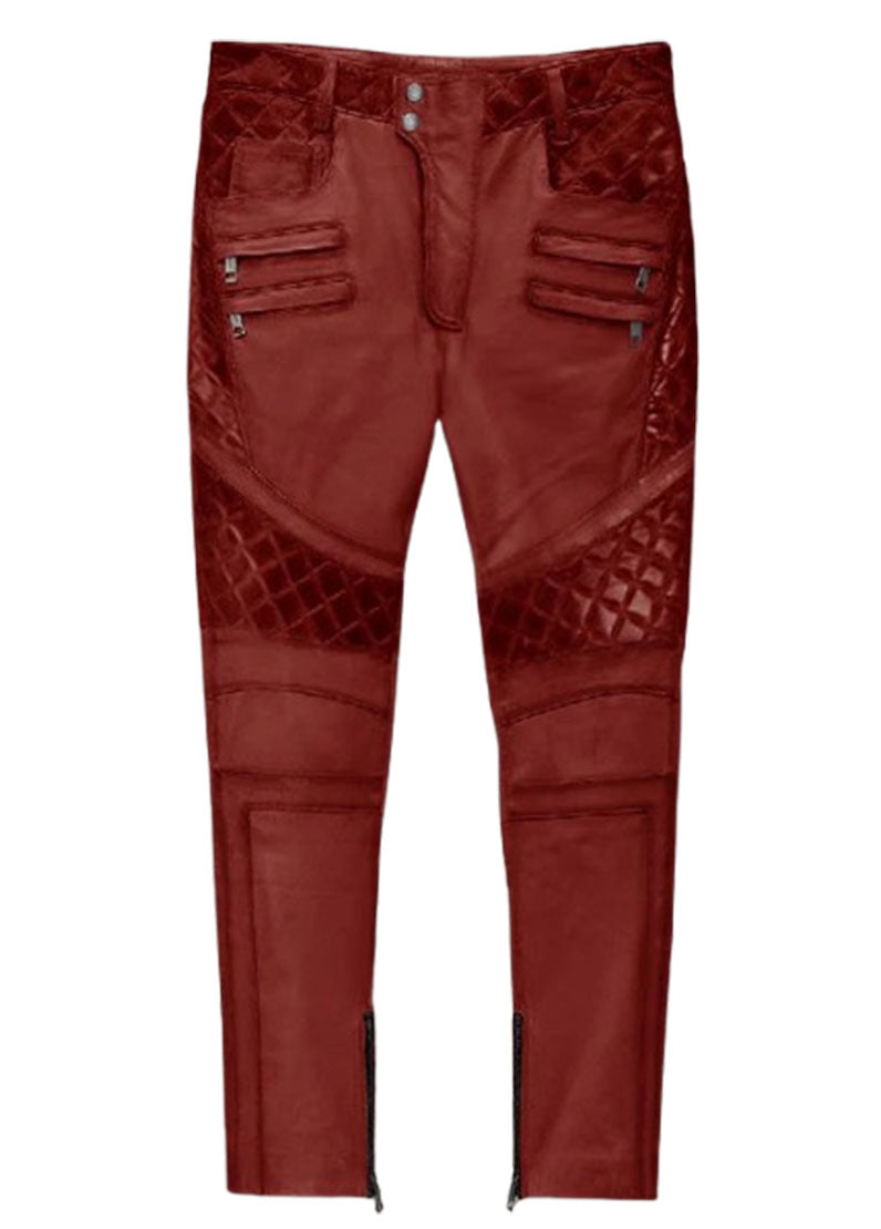 Men’s Quilted Biker Leather Pants – Genuine Lambskin – Maroon by The Western Jacket Company